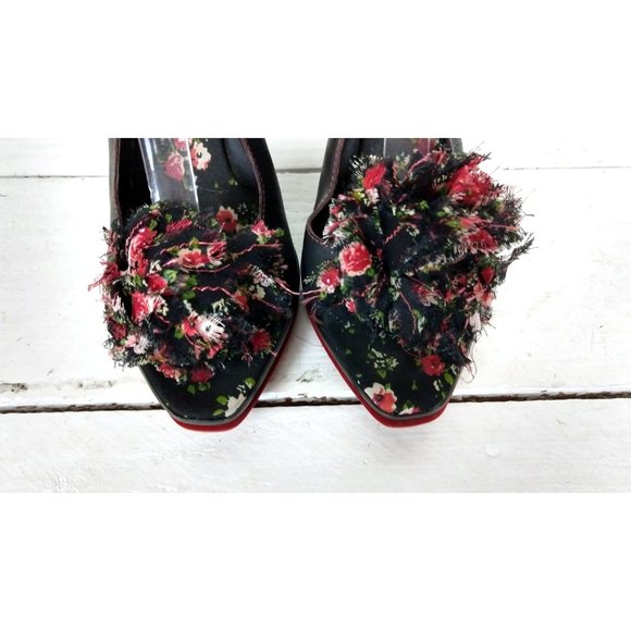 Vintage Nine West black leather open toe wedge floral rosette slingback heel san - Picture 3 of 8